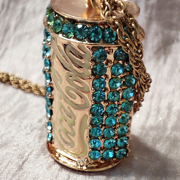 Betsey Betsy Johnson Aquamarine Rhinestone Coca Cola Coke Soda Can Necklace NWT - Picture 7 of 16